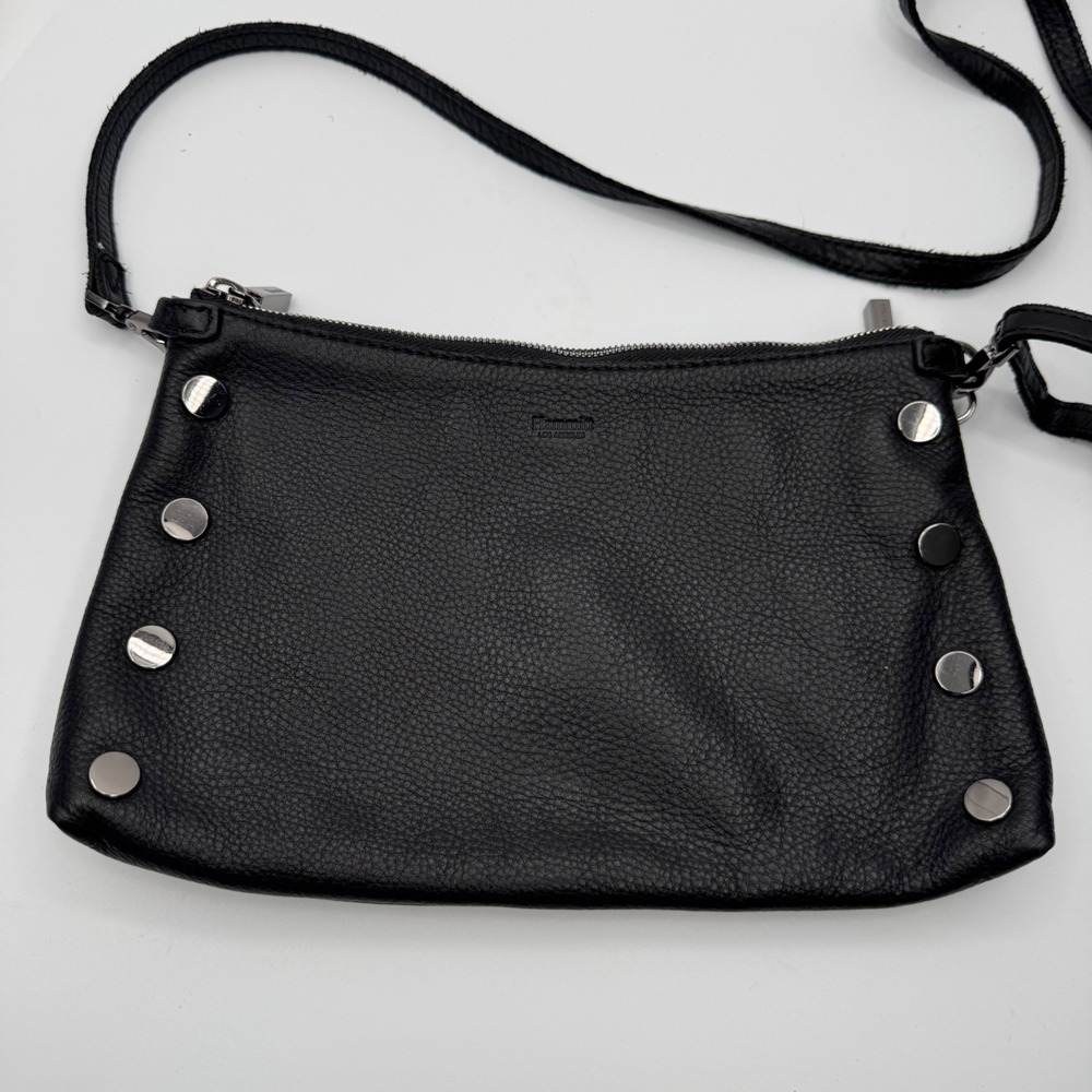 Hammitt VIP Small Black Pebbled Leather Crossbody Bag Silver Rivets Red Lining